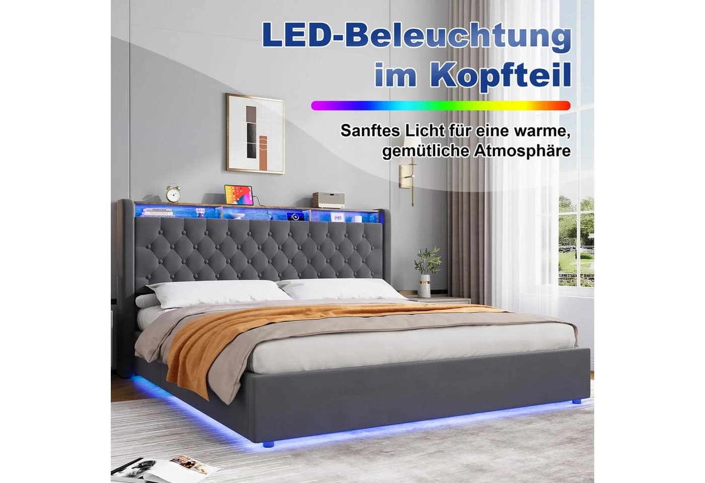MODFU Polsterbett mit Bettkasten, LED & USB-Anschlüssen Grau - Bild 3