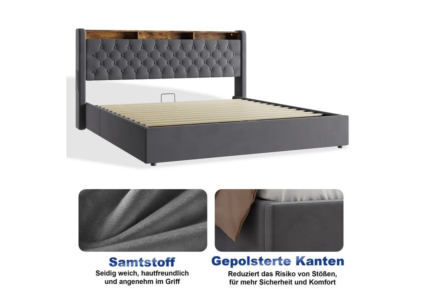 MODFU Polsterbett mit Bettkasten, LED & USB-Anschlüssen Grau - Bild 4