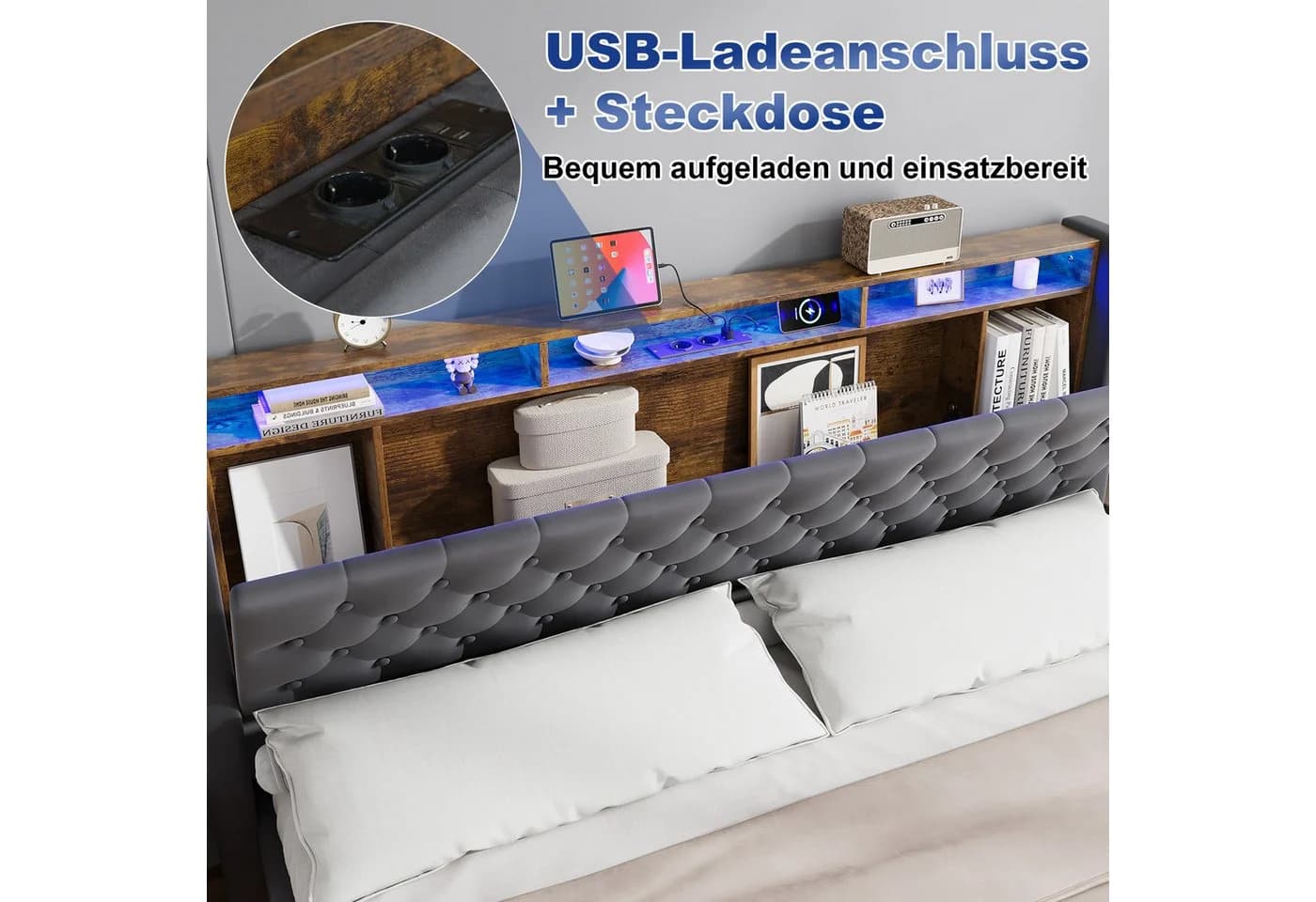 MODFU Polsterbett mit Bettkasten, LED & USB-Anschlüssen Grau - Bild 5
