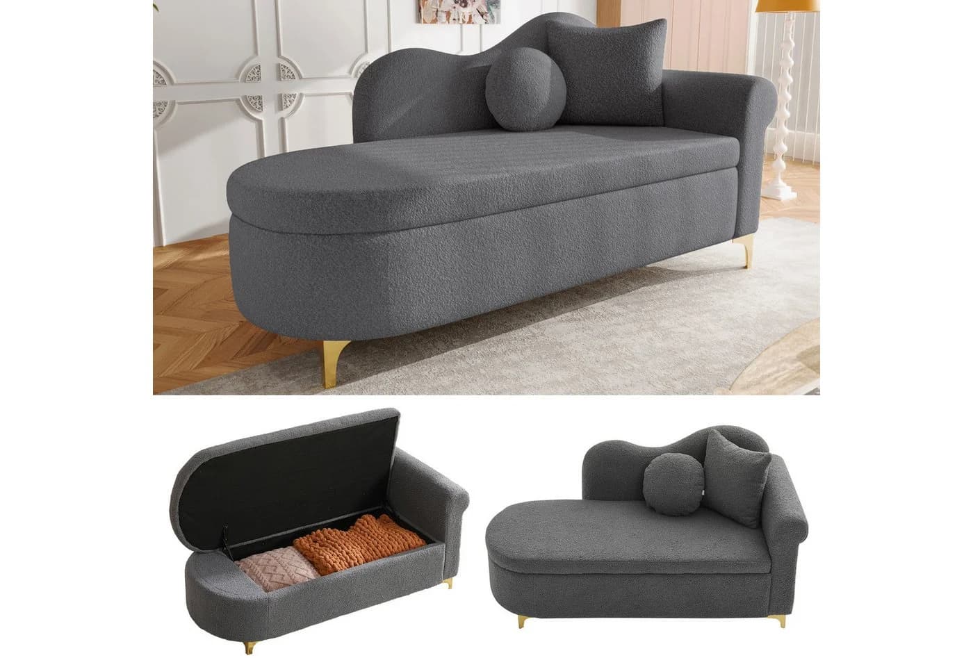 MODFU Chaiselongue Multifunktional mit Stauraum Teddyplüsch Grau - Bild 3