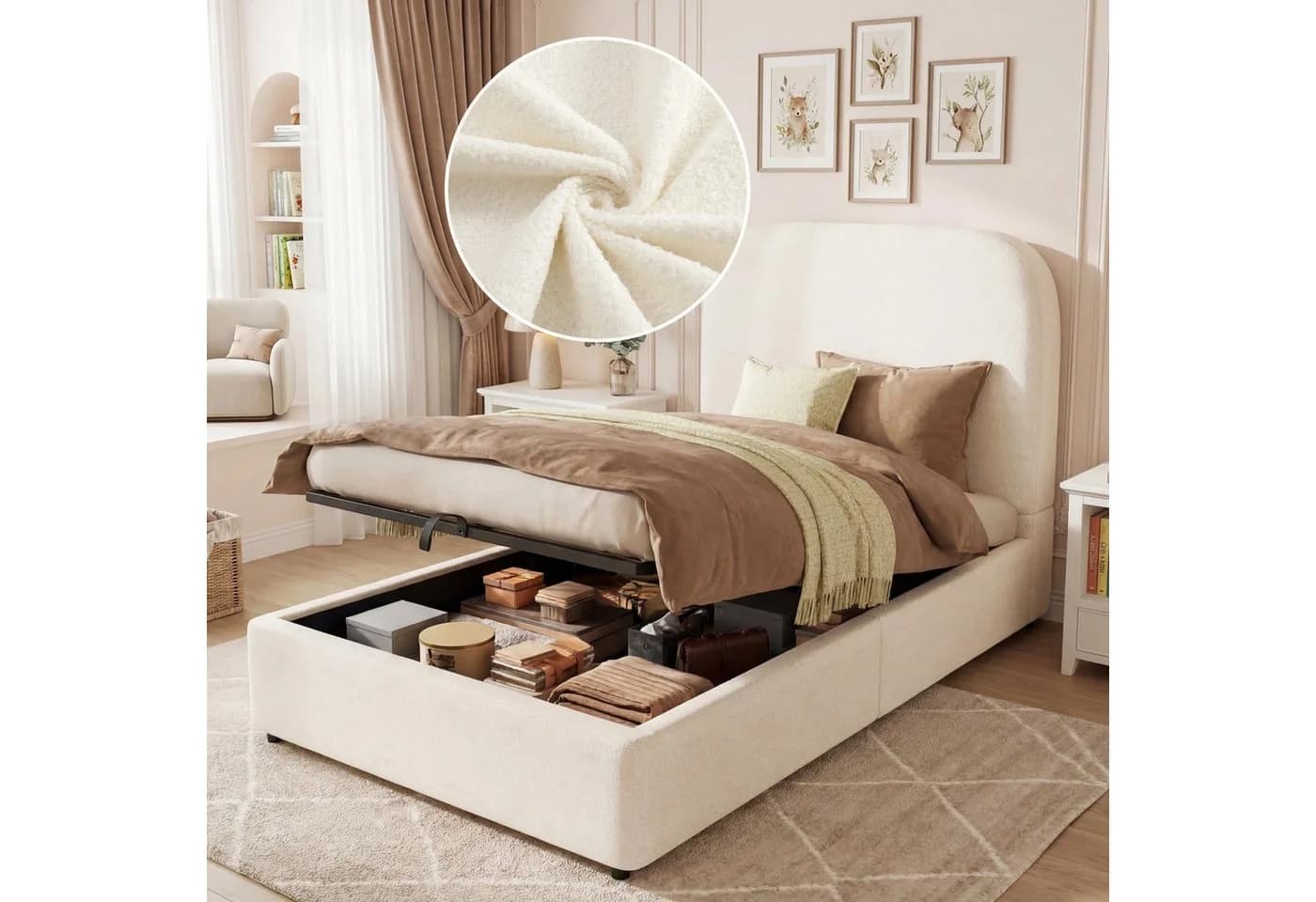 MODFU Polsterbett 90x200 cm Beige Bouclé mit Stauraum