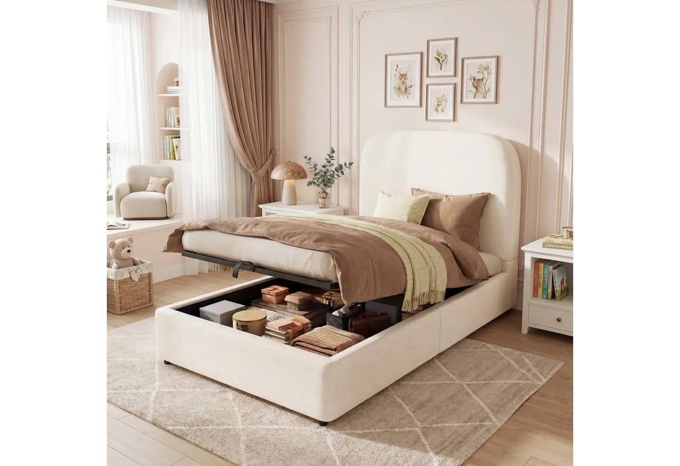 MODFU Polsterbett 90x200 cm Beige Bouclé mit Stauraum - Bild 3