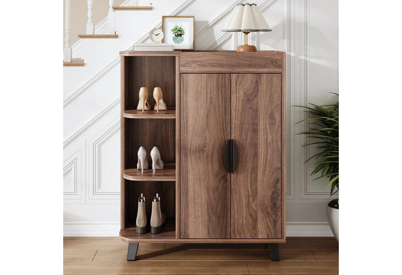 MODFU Schuhschrank Nussbaum mit offenen Fächern und geschlossener Ablage - Bild 5