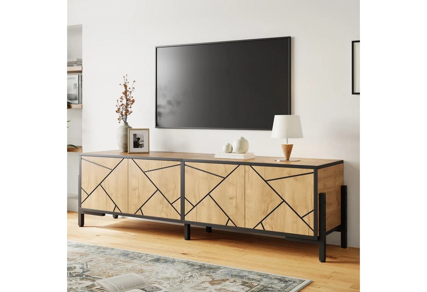 MODFU TV-Schrank 153 cm Naturholzoptik Schwarz Geometrisch
