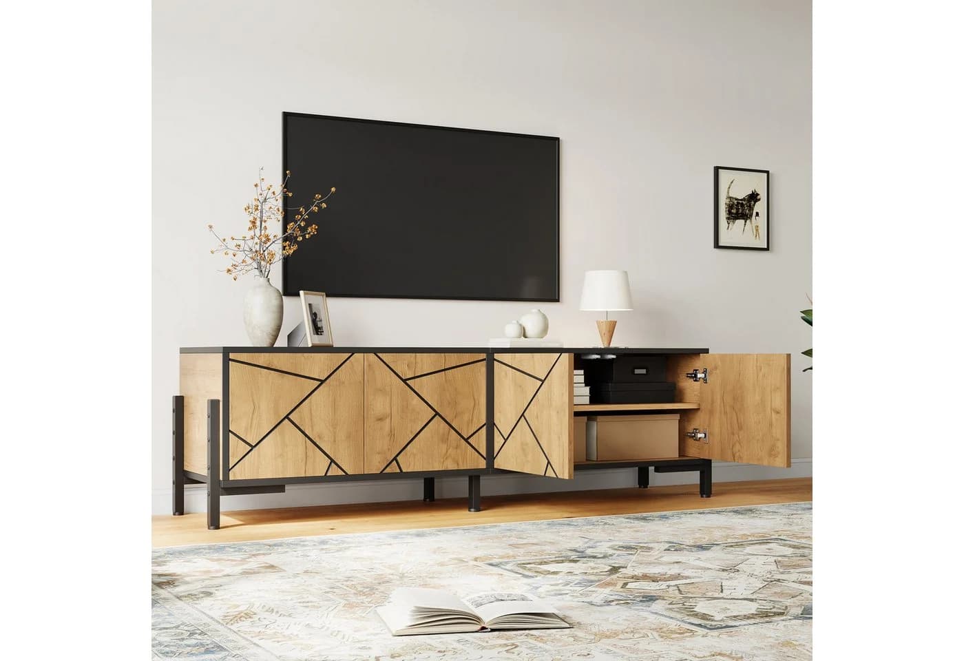 MODFU TV-Schrank 153 cm Naturholzoptik Schwarz Geometrisch - Bild 2