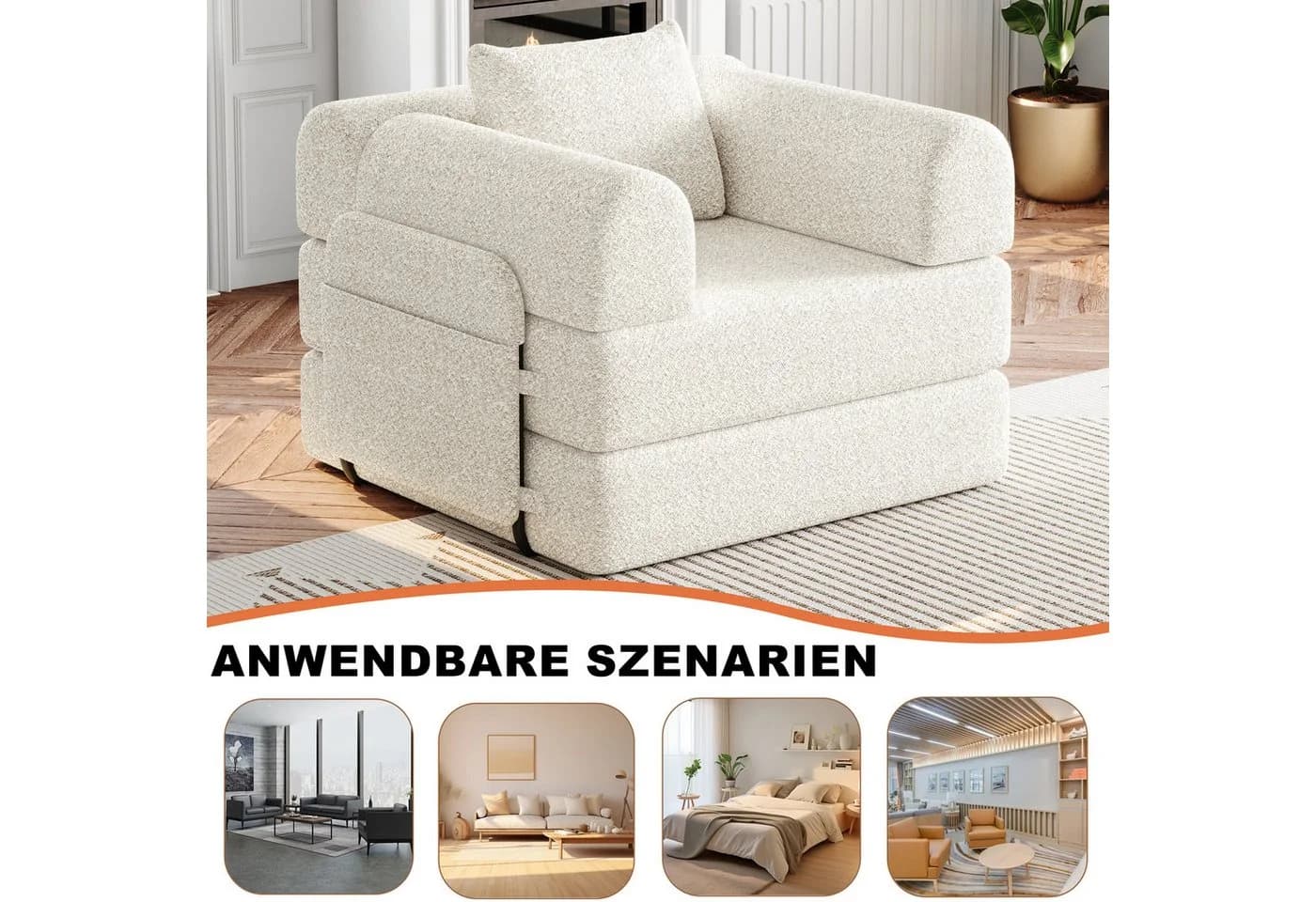 MODFU Schlafsofa Chenille-Schlafsessel 2-in-1 Beige mit Staufach - Bild 5