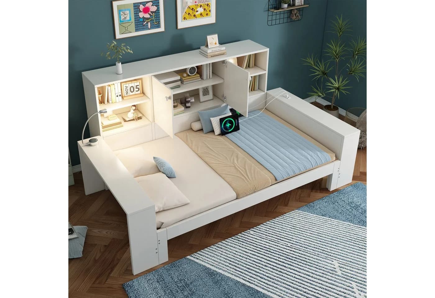 MODFU Stauraumbett Ausziehbett 90/180x200 cm Weiß mit USB-Anschlüssen - Bild 3
