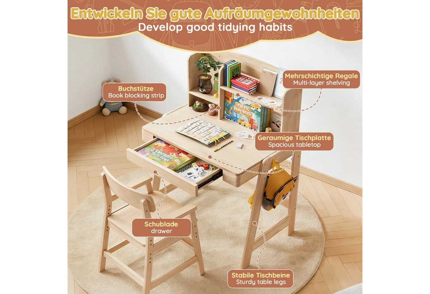 MODFU Kinderschreibtisch höhenverstellbar Massivholz mit Stauraum - Bild 4