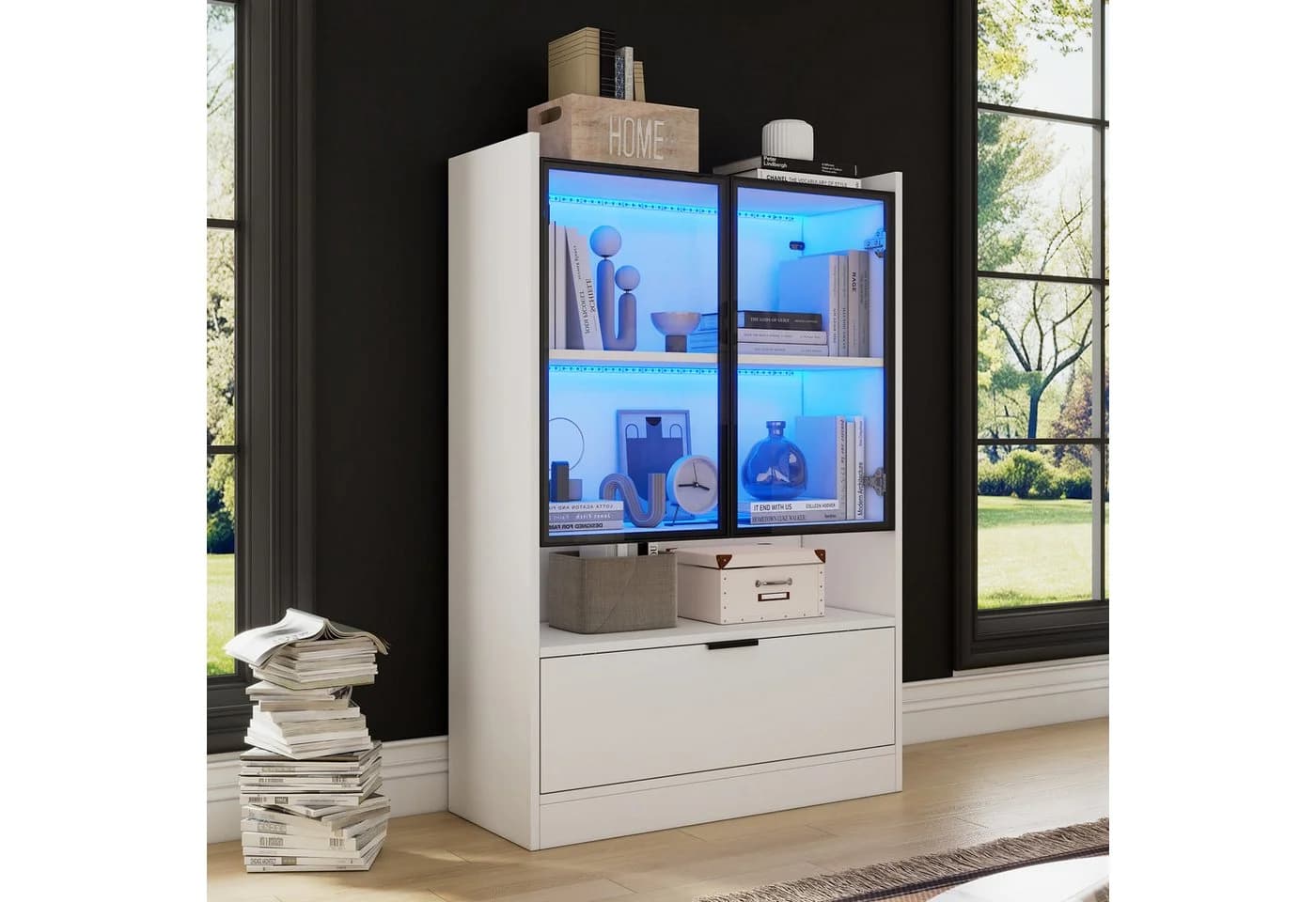MODFU Vitrine Display-Schrank mit LED-Beleuchtung und App-Steuerung matt weiß