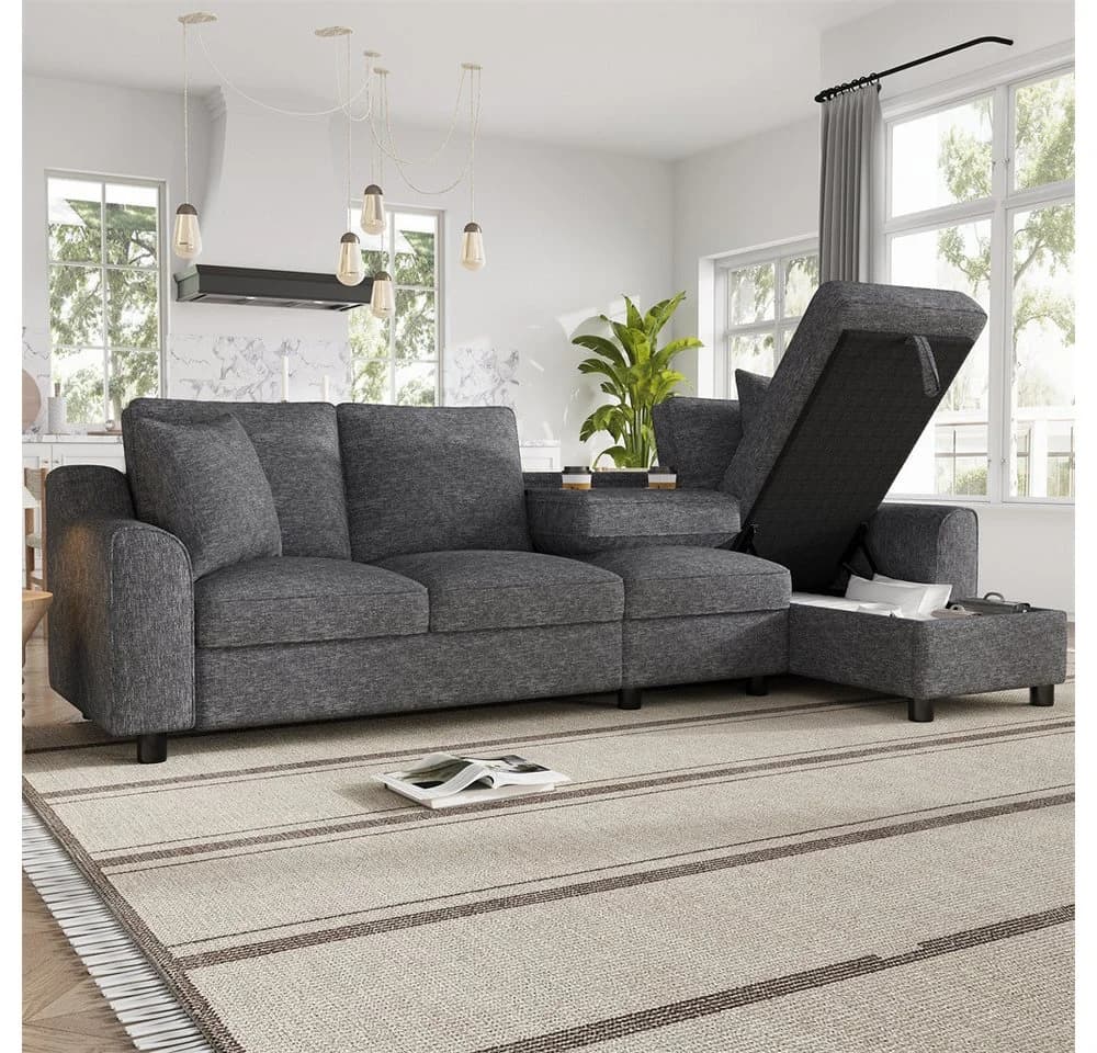 MODFU Ecksofa L-Form Grau Chenille mit Stauraum & Getränkehaltern - Bild 2