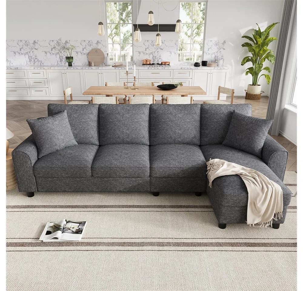 MODFU Ecksofa L-Form Grau Chenille mit Stauraum & Getränkehaltern - Bild 5
