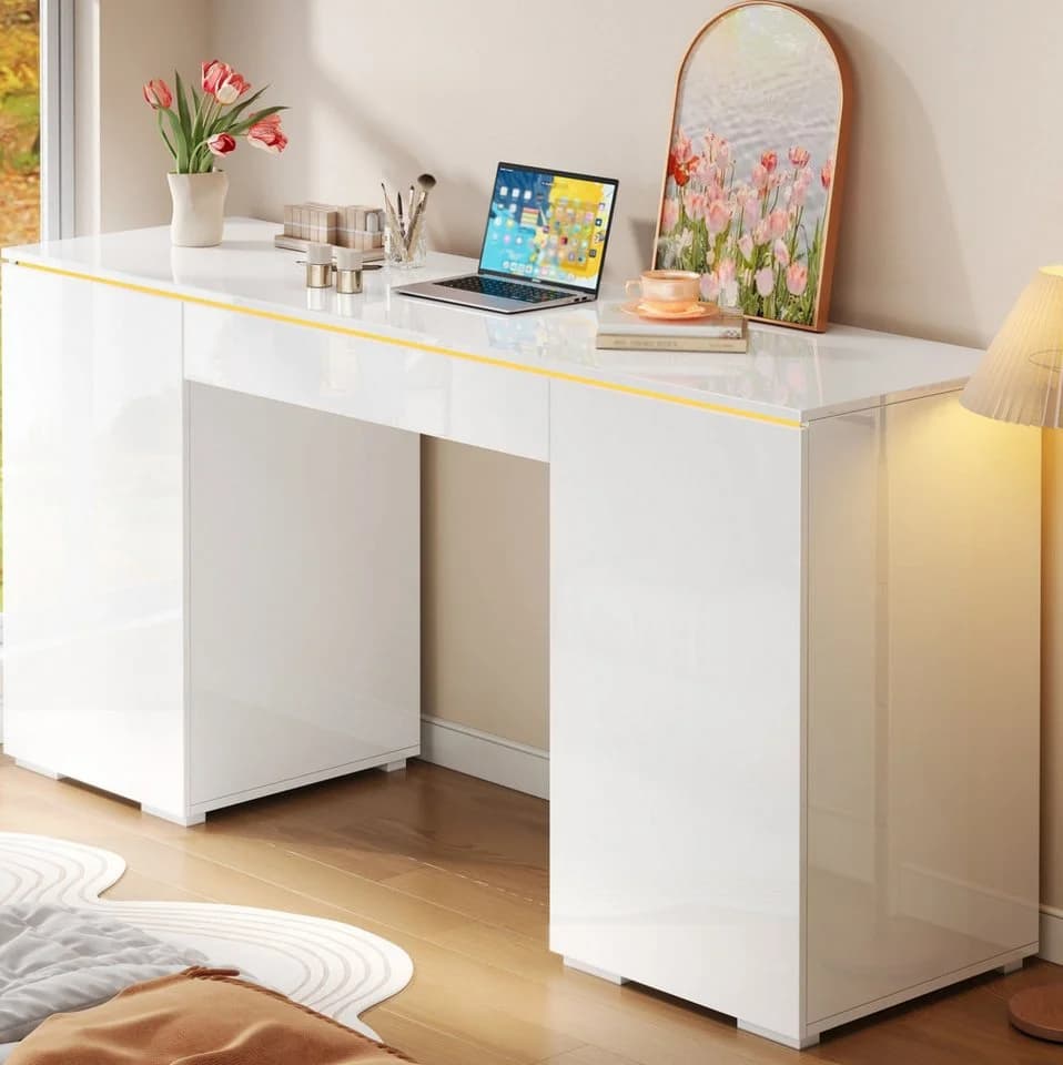 MODFU Schreibtisch Weiß Hochglanz mit LED und Stauraum