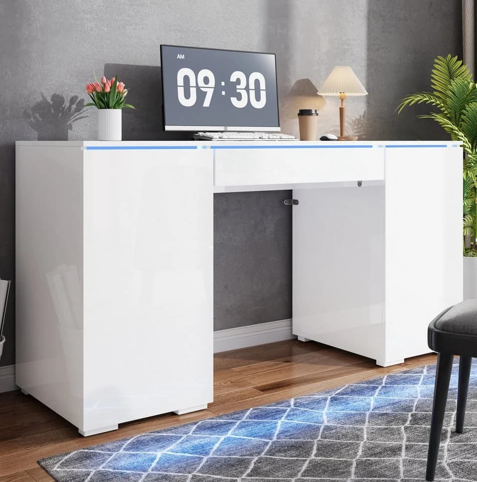 MODFU Schreibtisch Weiß Hochglanz mit LED und Stauraum - Bild 2