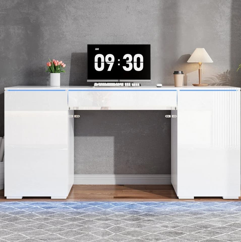 MODFU Schreibtisch Weiß Hochglanz mit LED und Stauraum - Bild 5