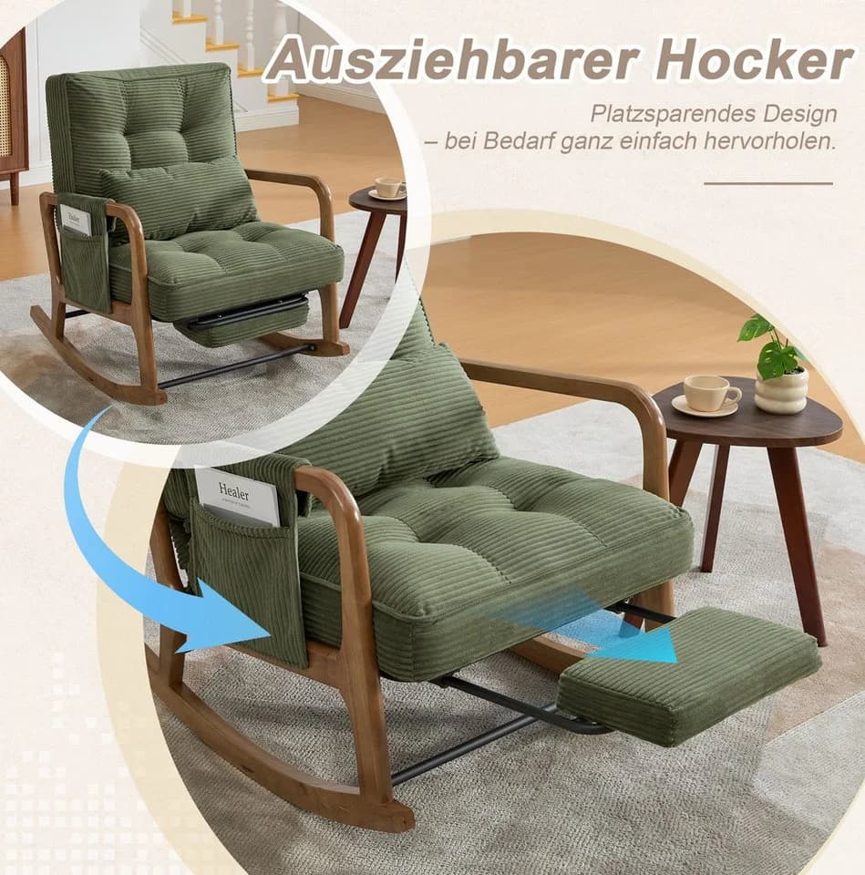 MODFU Loungesessel Cord Grün mit Fußstütze und Lendenkissen