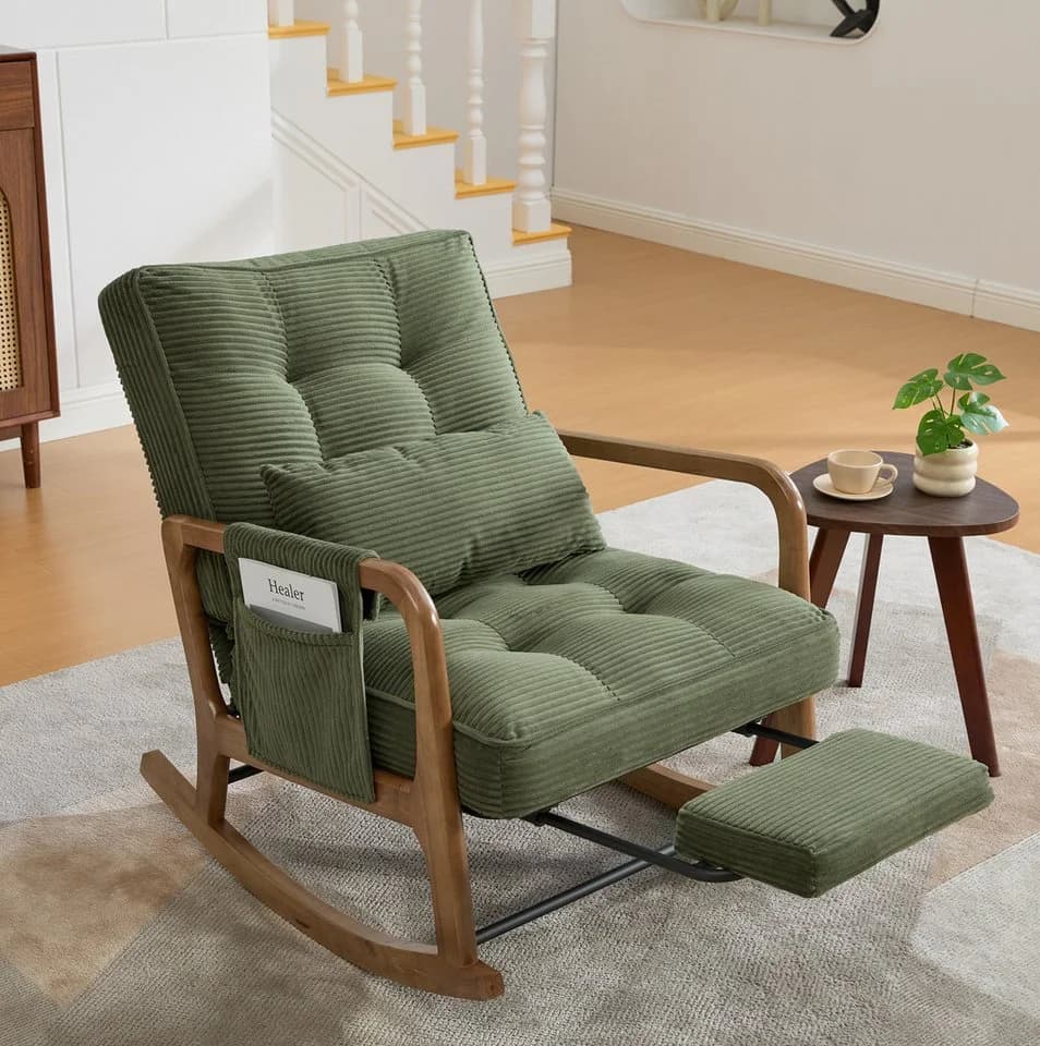 MODFU Loungesessel Cord Grün mit Fußstütze und Lendenkissen - Bild 2