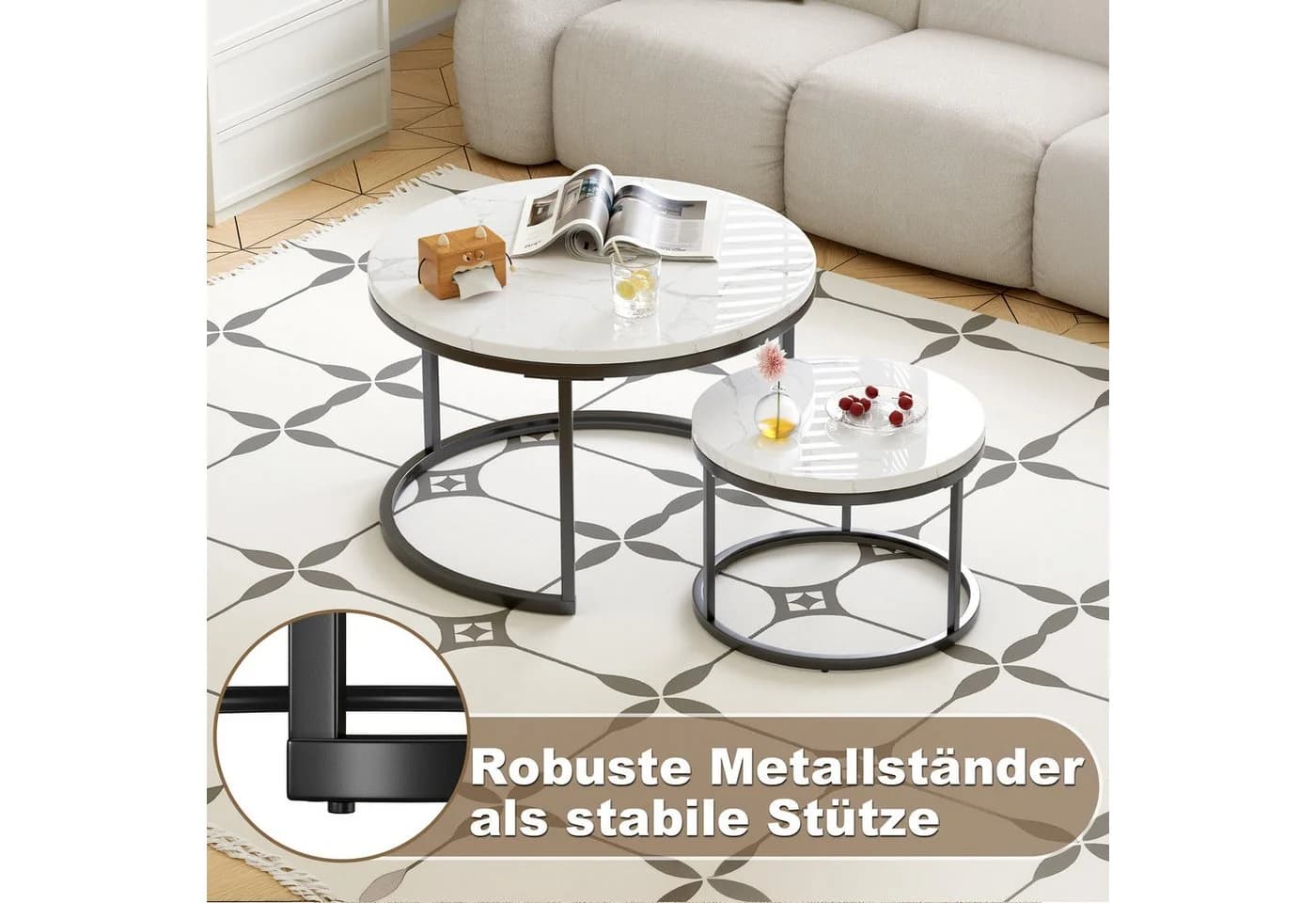 MODFU Couchtisch Set 2-tlg. Marmoroptik Schwarz Stahl - Bild 5
