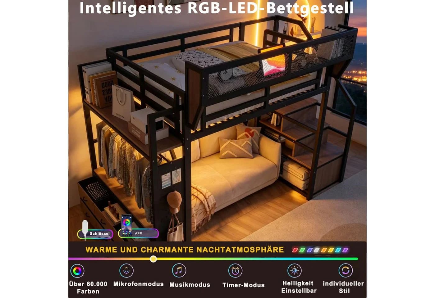 MODFU Hochbett Metallbett mit LED-Beleuchtung und Stauraum