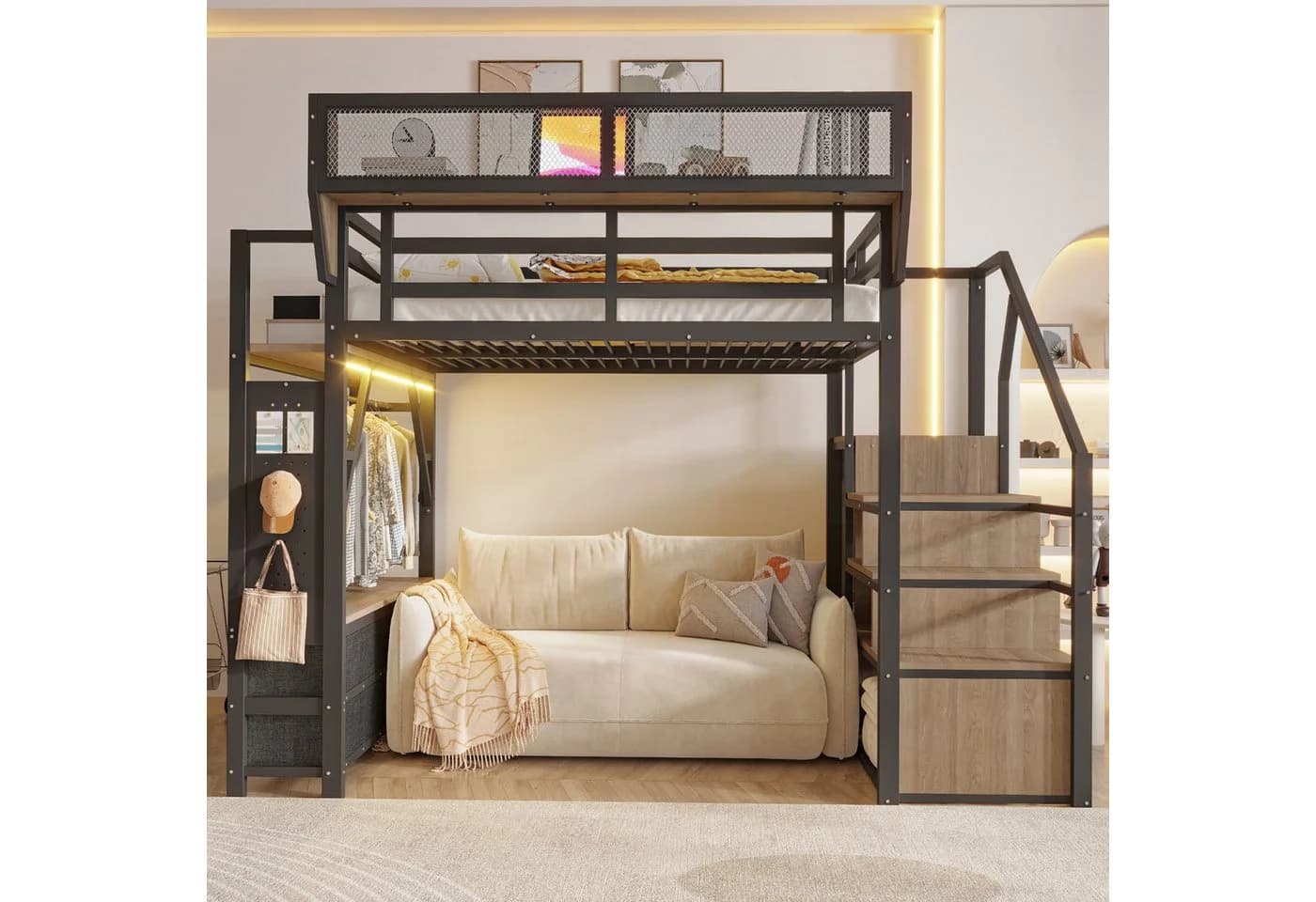 MODFU Hochbett Metallbett mit LED-Beleuchtung und Stauraum - Bild 5