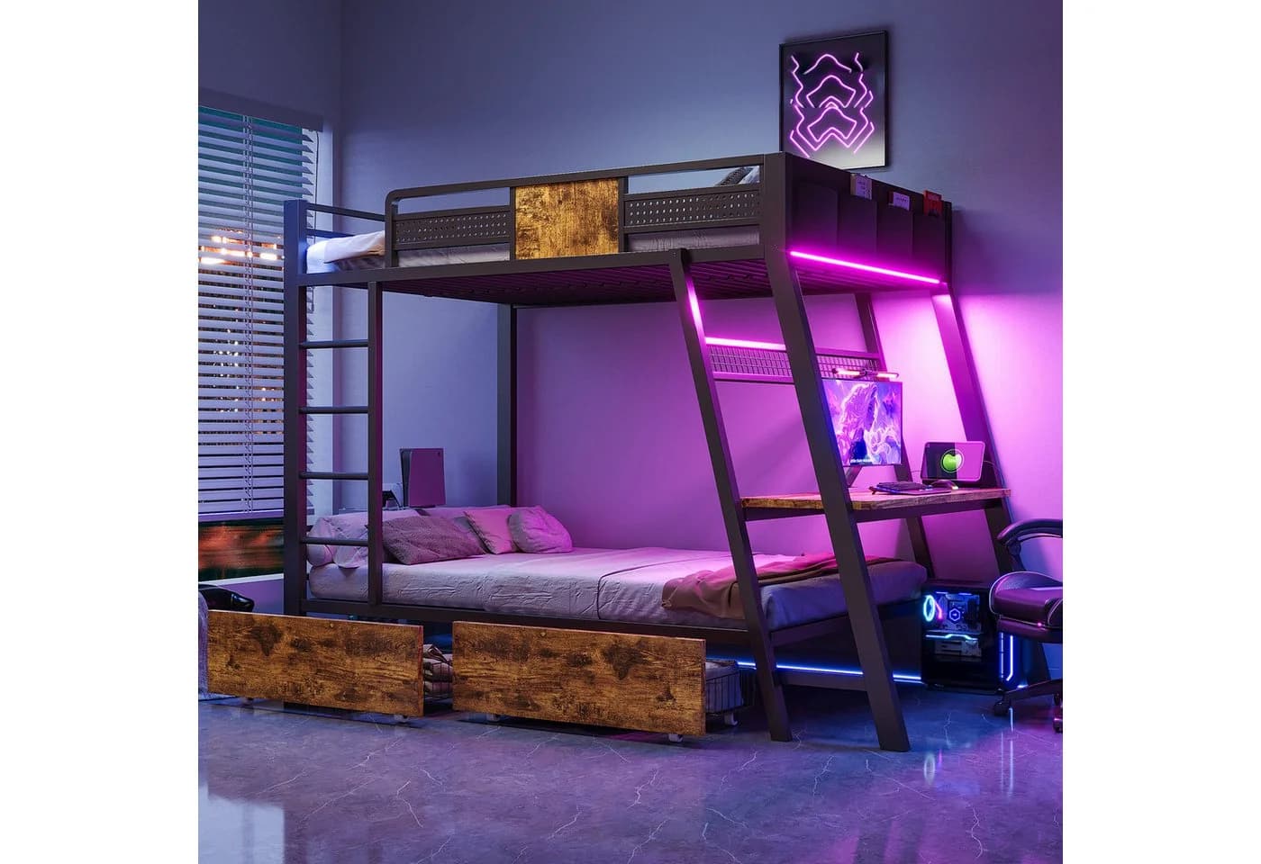 MODFU Etagenbett mit Schreibtisch, LED & USB-Anschlüssen Schwarz