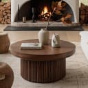 MODFU Couchtisch rund 78 cm Walnut Holzoptik Parquettmuster Bild 1