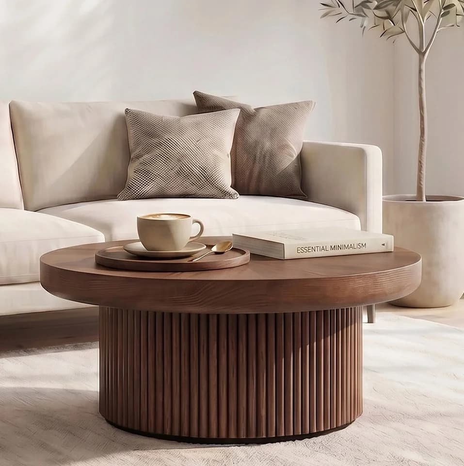 MODFU Couchtisch rund 78 cm Walnut Holzoptik Parquettmuster - Bild 2