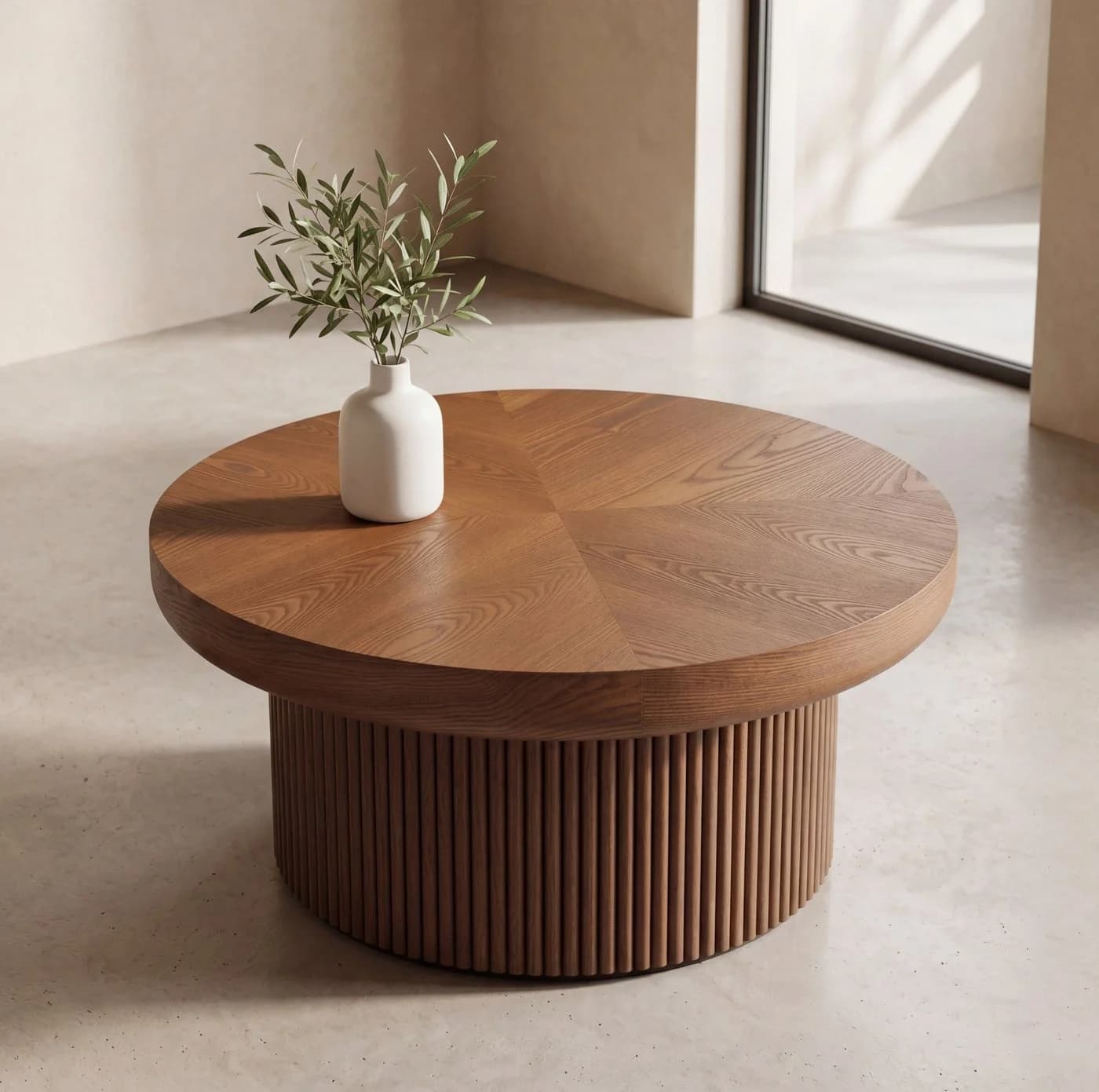 MODFU Couchtisch rund 78 cm Walnut Holzoptik Parquettmuster - Bild 3