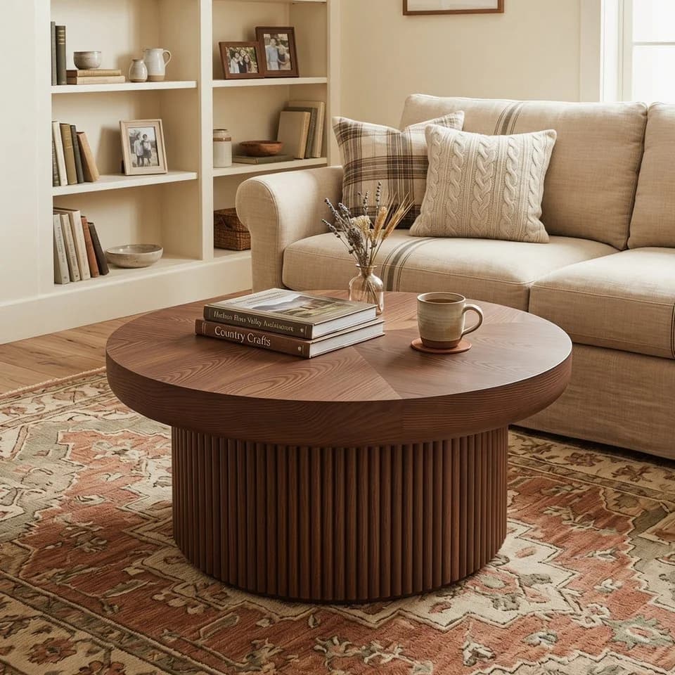 MODFU Couchtisch rund 78 cm Walnut Holzoptik Parquettmuster - Bild 4