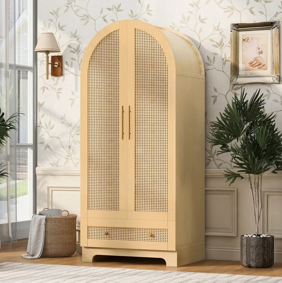 MODFU Kleiderschrank Doppeltürig Beige Rattanoptik