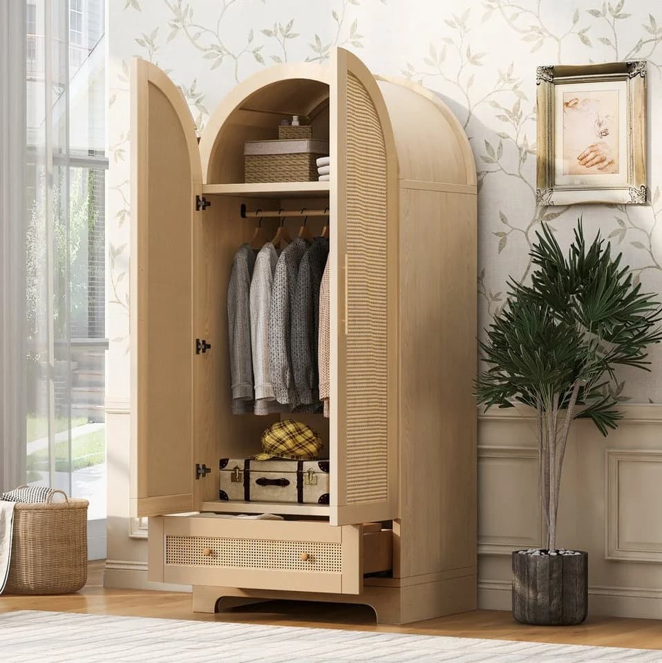 MODFU Kleiderschrank Doppeltürig Beige Rattanoptik - Bild 2