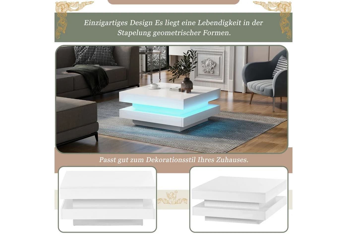 STILVORA Couchtisch mit LED-Beleuchtung, quadratisch, weiß - Bild 3