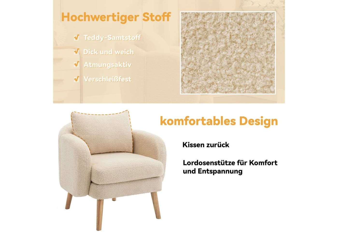 STILVORA Sessel Teddy-Samt Beige Massivholz Beine