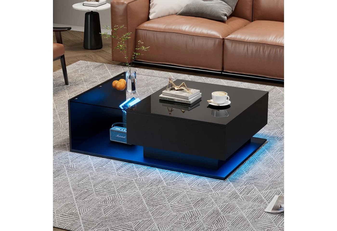 STILVORA Couchtisch Sofatisch mit Glastischplatte, LED-Beleuchtung, Schwarz