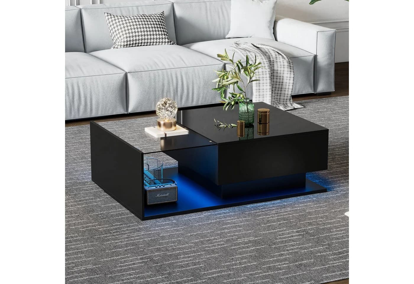 STILVORA Couchtisch Sofatisch mit Glastischplatte, LED-Beleuchtung, Schwarz - Bild 2