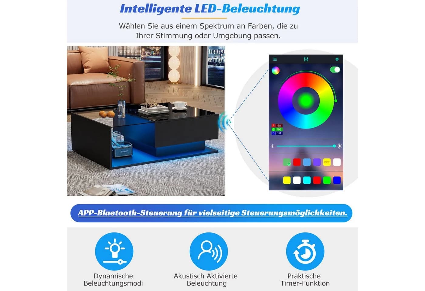 STILVORA Couchtisch Sofatisch mit Glastischplatte, LED-Beleuchtung, Schwarz - Bild 3