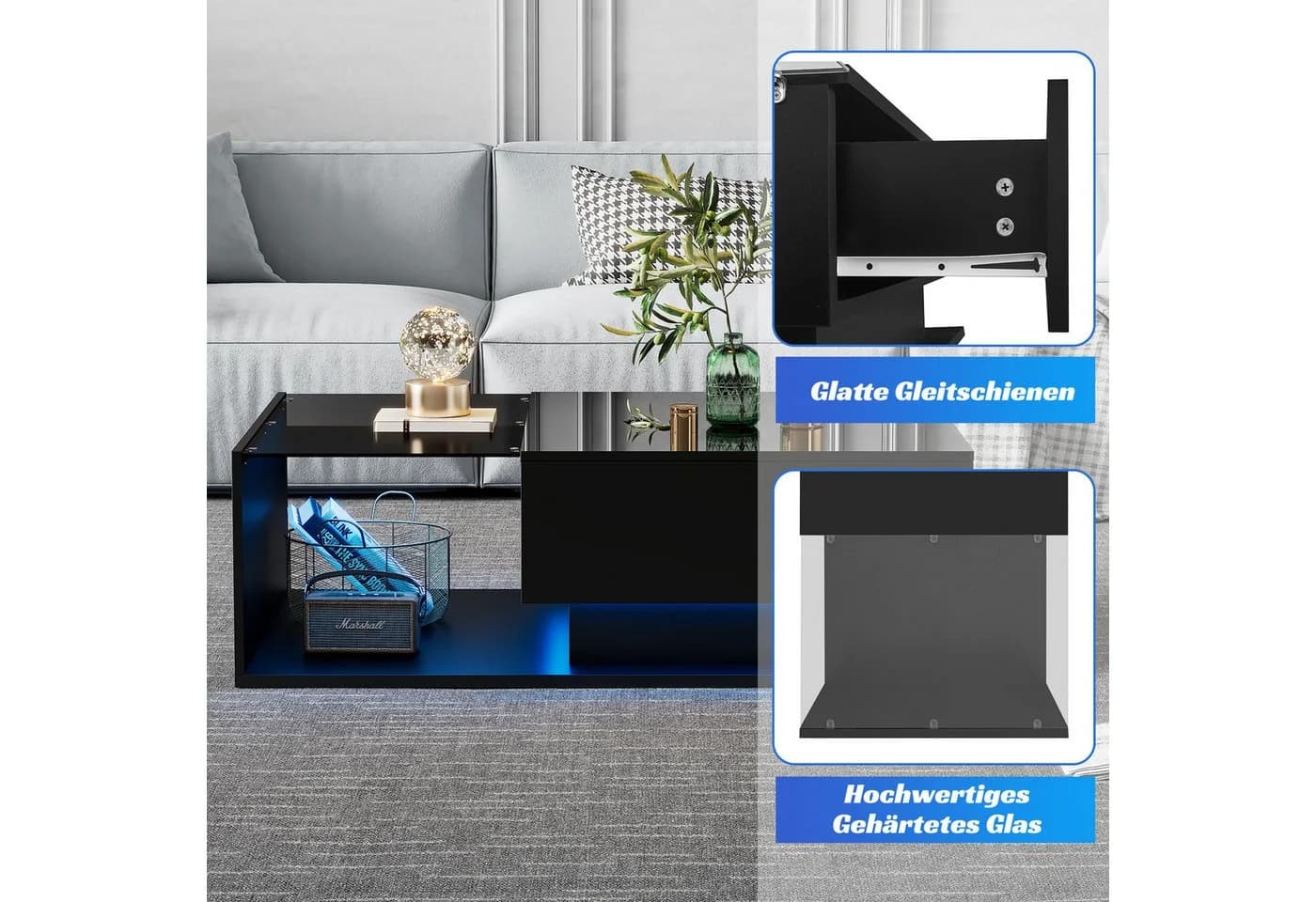 STILVORA Couchtisch Sofatisch mit Glastischplatte, LED-Beleuchtung, Schwarz - Bild 4
