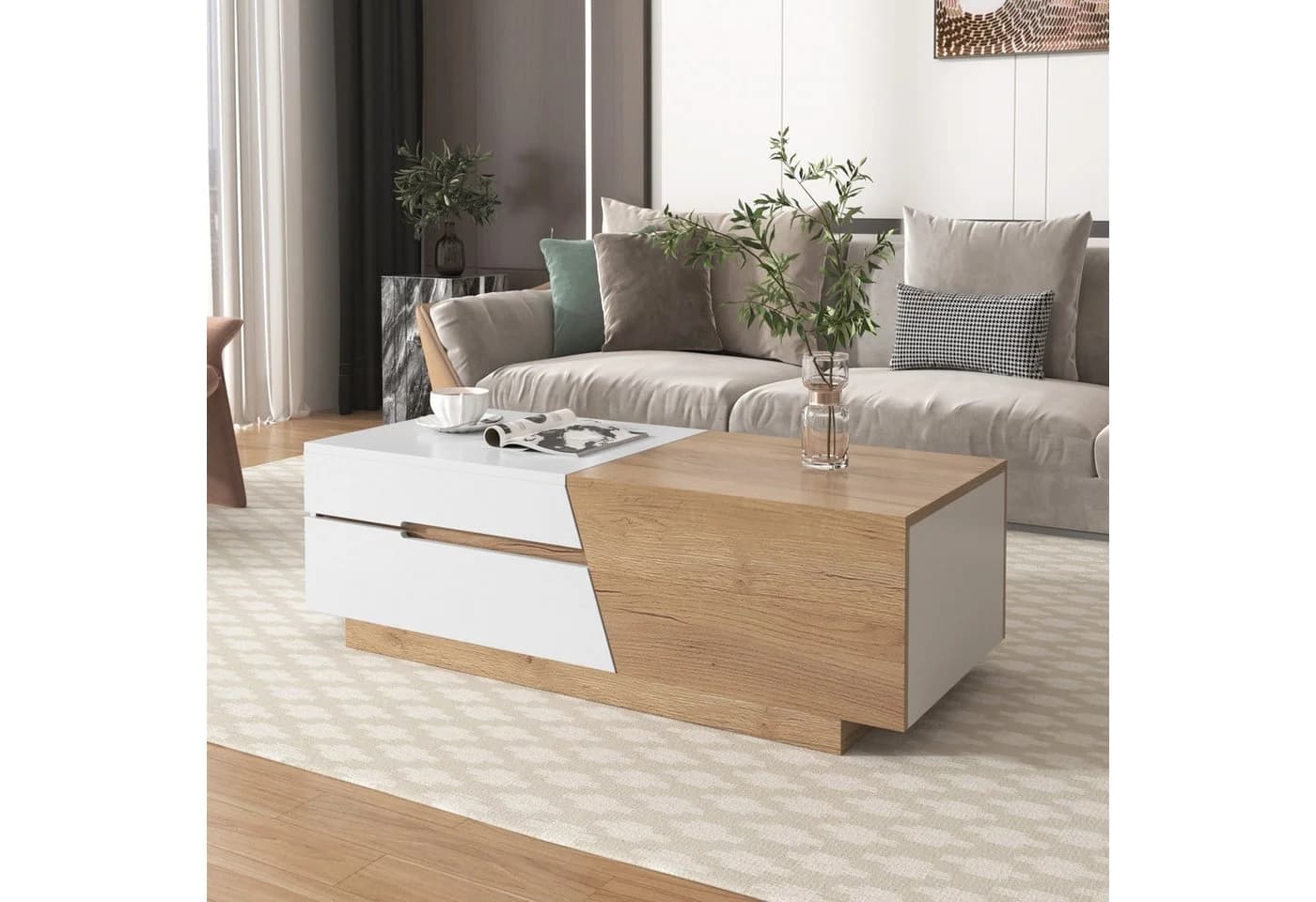 STILVORA Ausziehbarer Couchtisch Weiß Holzoptik mit Schubladen - Bild 2