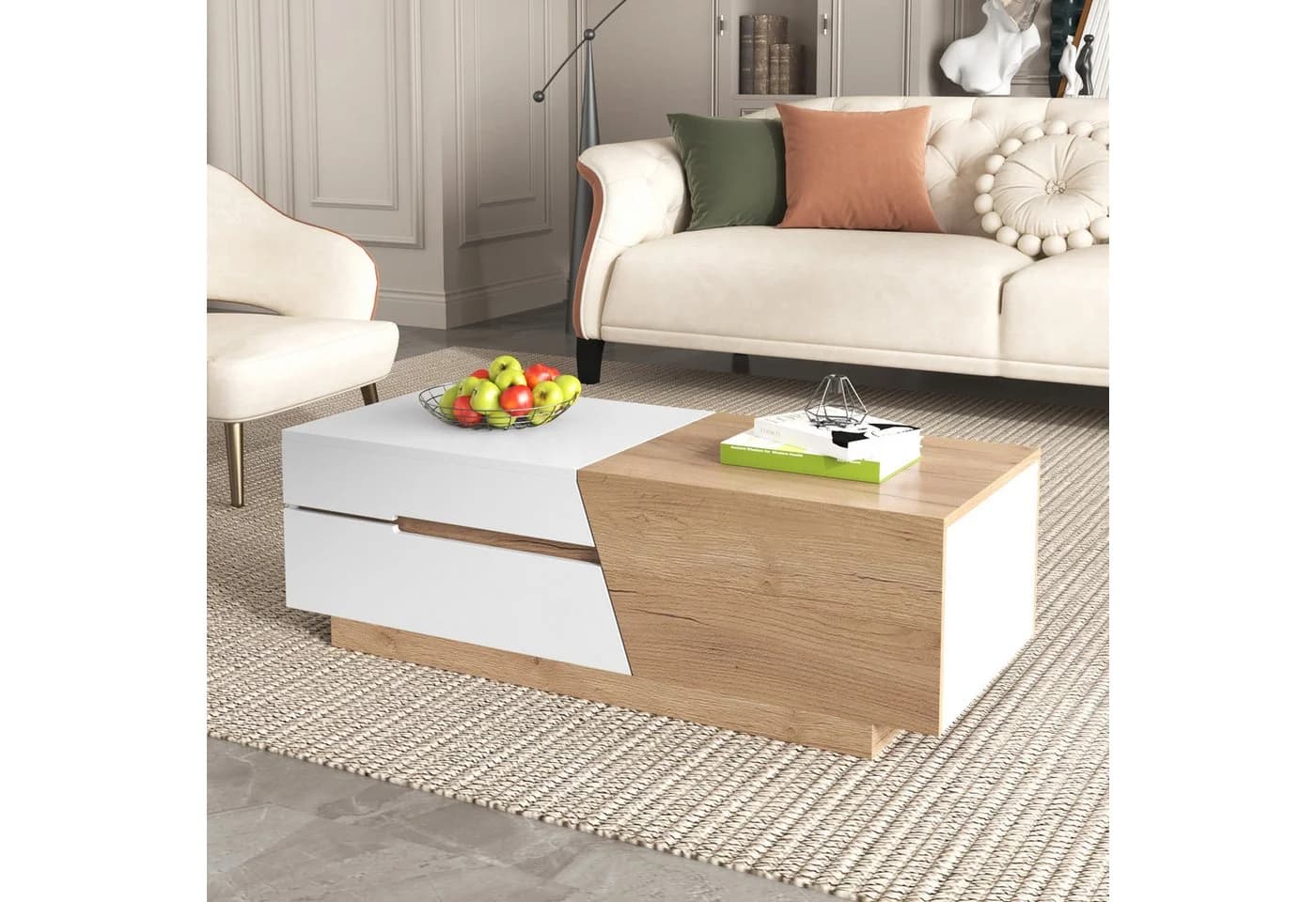 STILVORA Ausziehbarer Couchtisch Weiß Holzoptik mit Schubladen - Bild 3