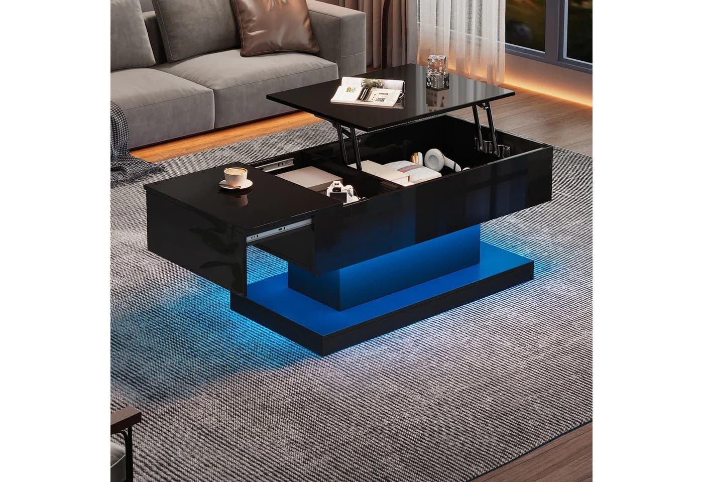 STILVORA Couchtisch Hebbarer Wohnezimmertisch mit LED, Schwarz, Hochglanz