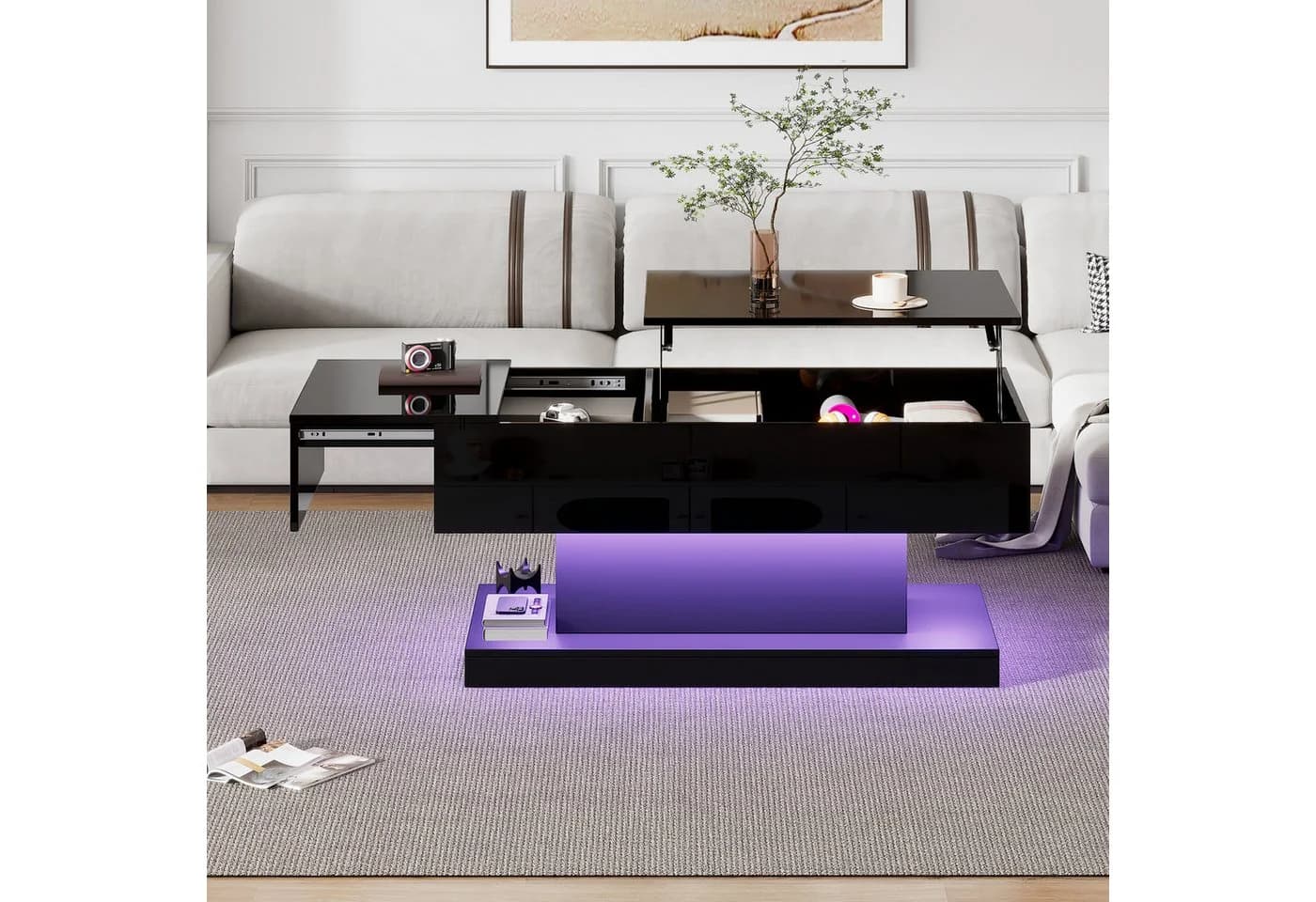 STILVORA Couchtisch Hebbarer Wohnezimmertisch mit LED, Schwarz, Hochglanz - Bild 3