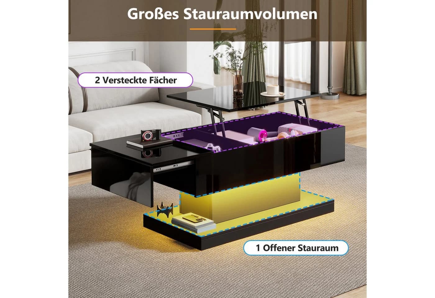 STILVORA Couchtisch Hebbarer Wohnezimmertisch mit LED, Schwarz, Hochglanz - Bild 4