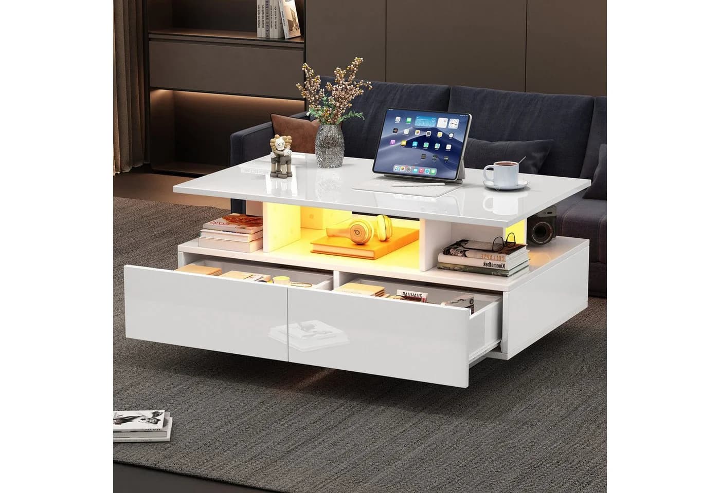 STILVORA Couchtisch Wohnzimmertisch Hochglanz-Weiß mit LED-Beleuchtung - Bild 2