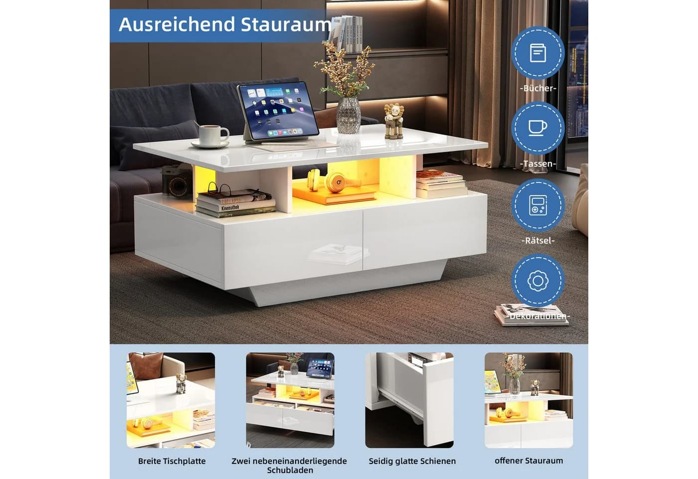 STILVORA Couchtisch Wohnzimmertisch Hochglanz-Weiß mit LED-Beleuchtung - Bild 4