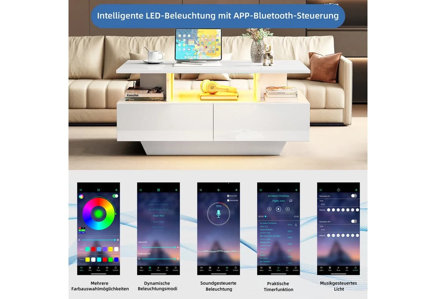 STILVORA Couchtisch Wohnzimmertisch Hochglanz-Weiß mit LED-Beleuchtung - Bild 5