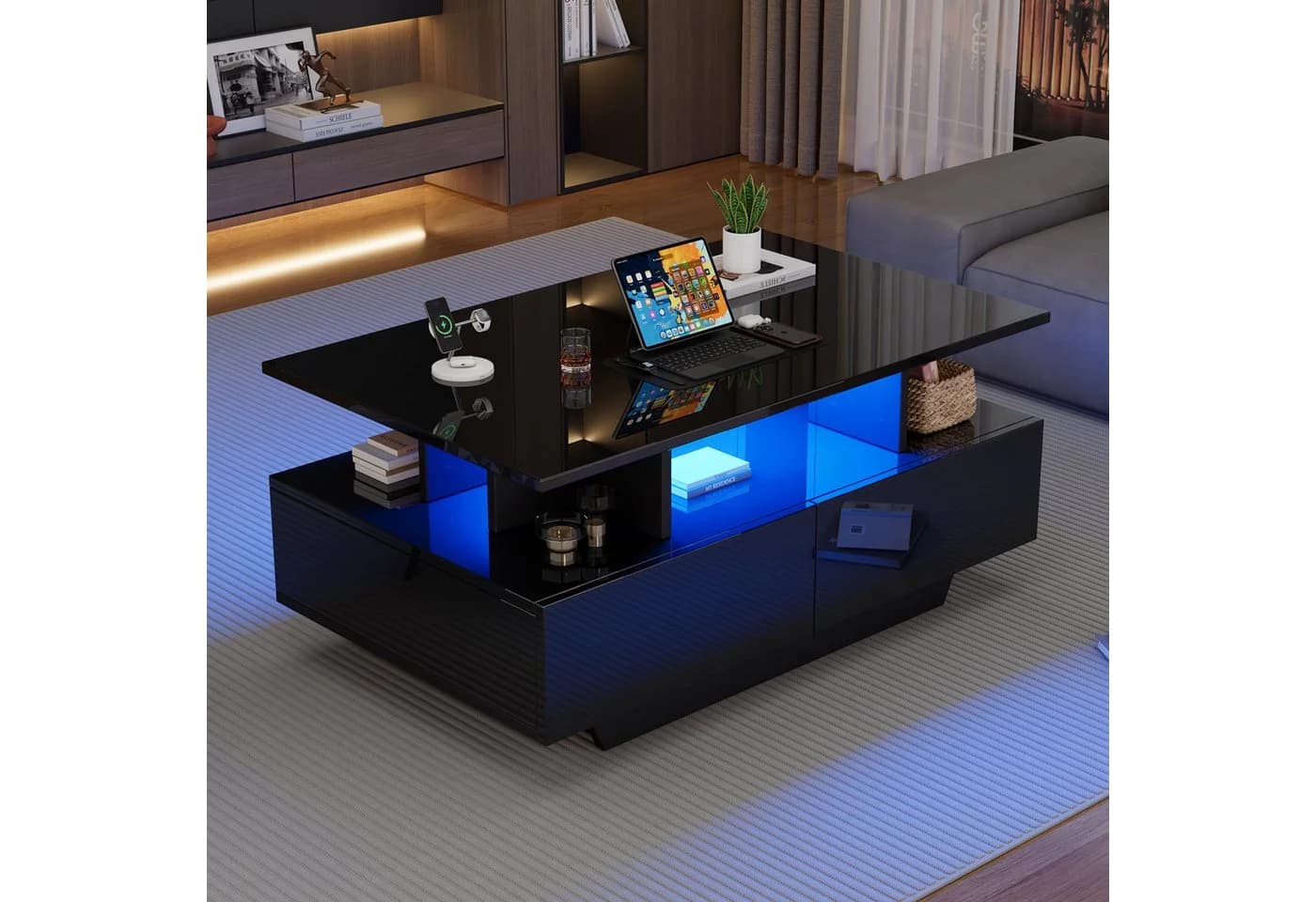 STILVORA Couchtisch Hochglanz Schwarz mit LED & Stauraum