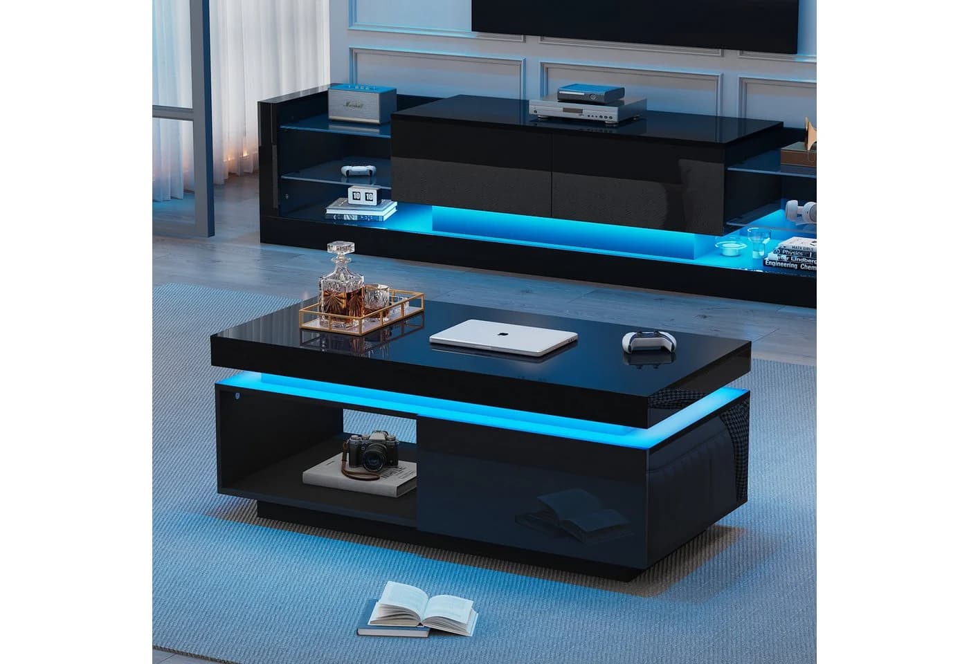 STILVORA Wohnzimmer-Set Hochglanz Kaffeetisch mit Schubladen, Beistelltisch mit LED Licht - Bild 2