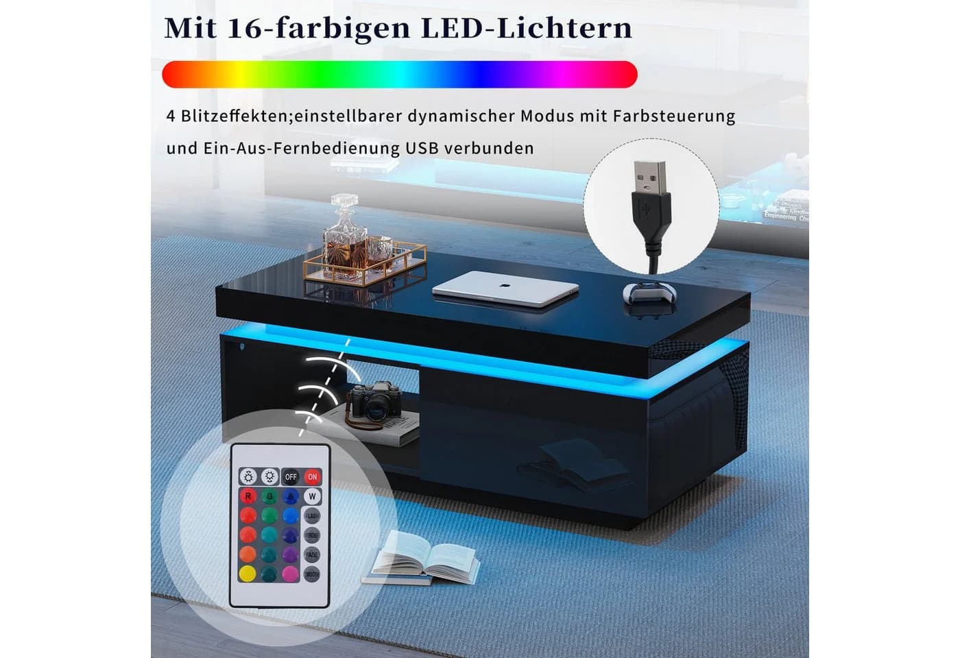 STILVORA Wohnzimmer-Set Hochglanz Kaffeetisch mit Schubladen, Beistelltisch mit LED Licht - Bild 4