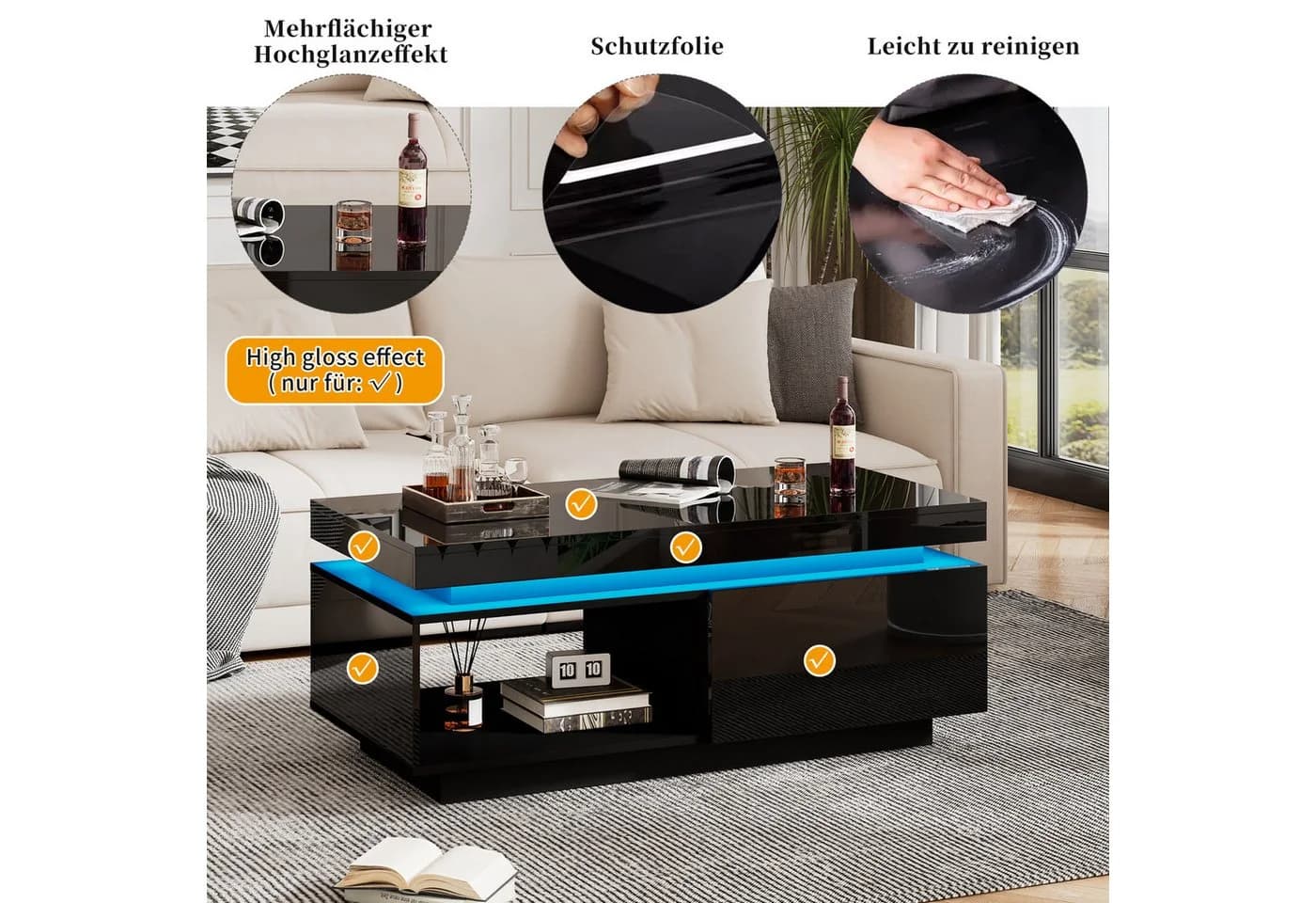 STILVORA Wohnzimmer-Set Hochglanz Kaffeetisch mit Schubladen, Beistelltisch mit LED Licht - Bild 5