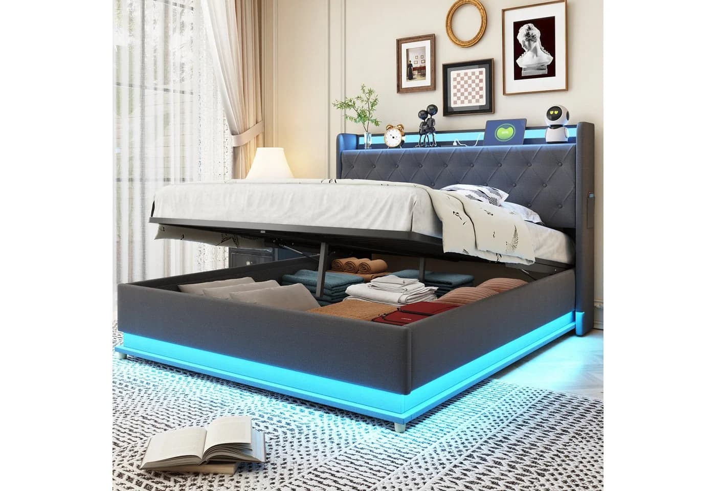 STILVORA Polsterbett Stauraumbett 140x200 Grau mit LED und USB