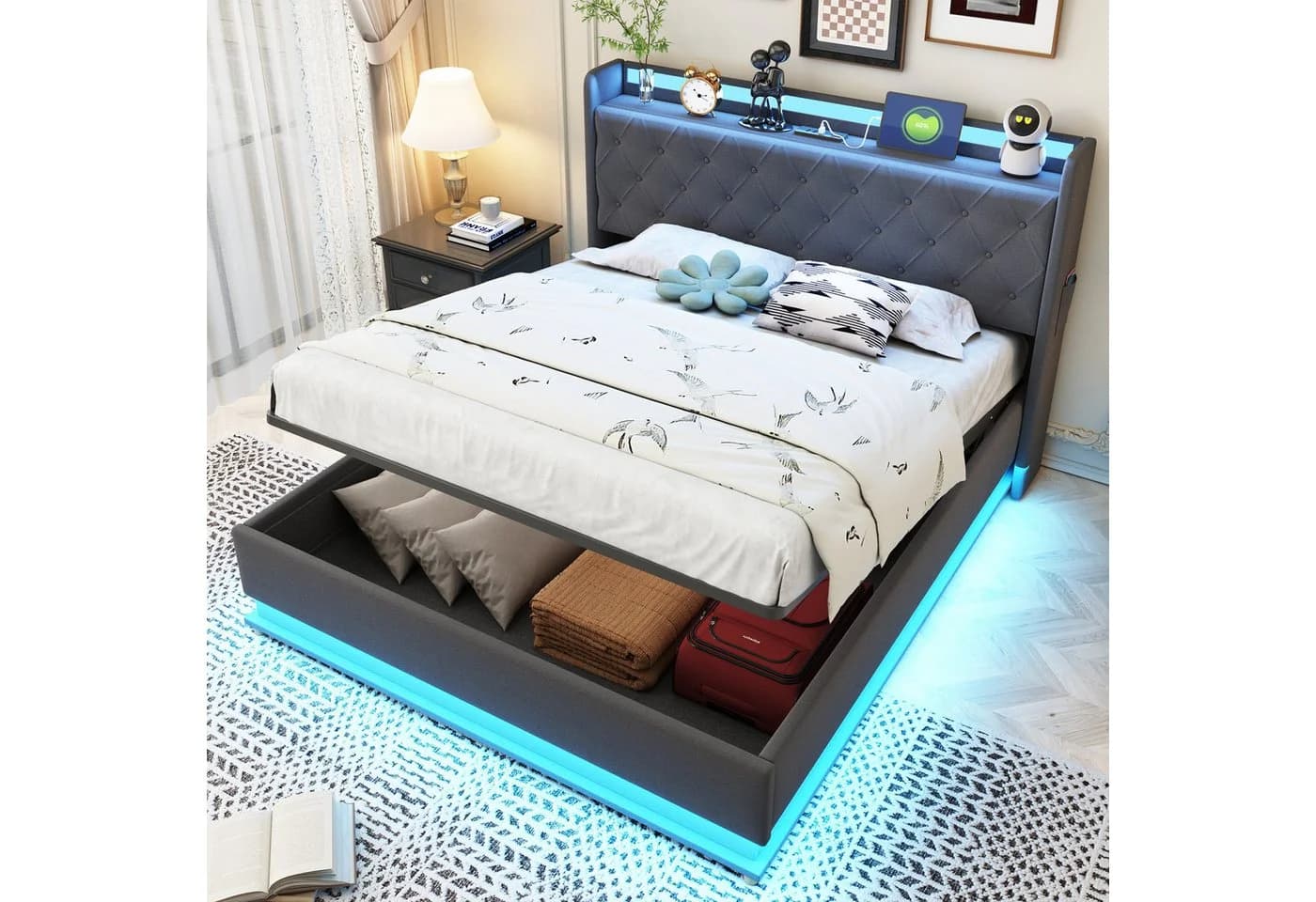 STILVORA Polsterbett Stauraumbett 140x200 Grau mit LED und USB - Bild 2